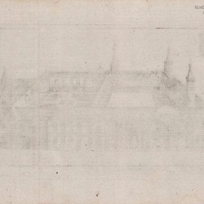Grabado antiguo siglo XVIII Palacio Principe Lieja Belgica Bassompiere