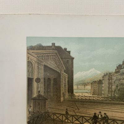 Grabado antiguo Bryon Hotel Chillon Ginebra Suiza 1850 Briquet & Fils