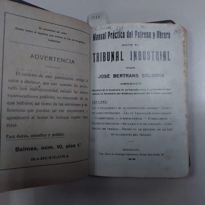 Manual práctico del patrono y obrero ante el tribunal industrial (1918) J. Bertrans Solsona