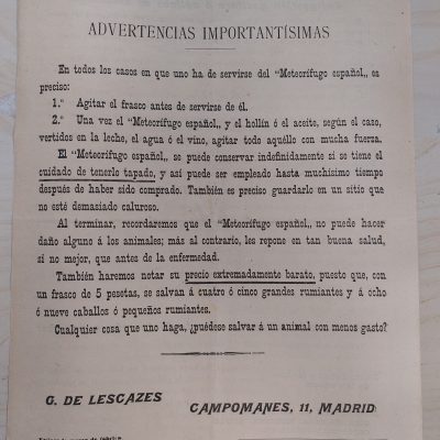 Folleto publicitario antiguo Siglo XIX Meteorífugo español