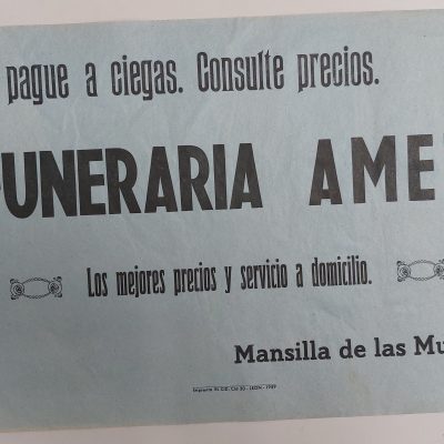 Cartel antiguo Siglo XX 1959 Funeraria Amez. Mansilla de las Mulas, León