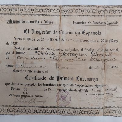 Diploma Antiguo Siglo XX 1942 Certificado de primera enseñanza, Alcazarquivir, Marruecos