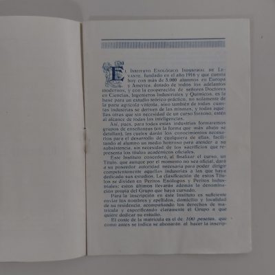 Folleto antiguo Siglo XX [1930] Instituto Enológico Industrial de Levante