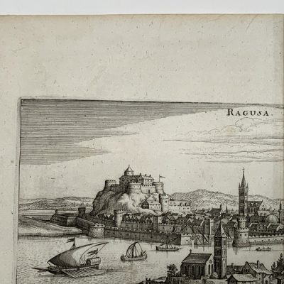 Grabado antiguo siglo XVII Dubrovnik Croacia Eubea Grecia 1646 – Matthäus Merian