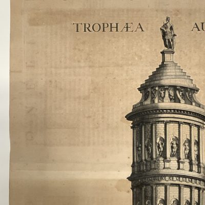 Grabado antiguo siglo XVIII Tropaeum Augusti Trofeo Alpes Francia 1704 – Blaeu Mortier
