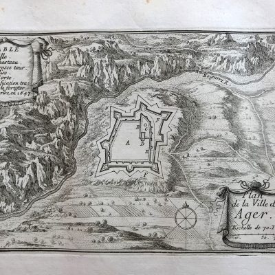 Grabado antiguo siglo XVII Plan de la ville d´Ager. Bealieu. [1660]. Lérida Lleida Cataluña