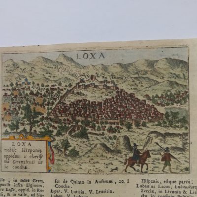 Grabado antiguo siglo XVIII Loja Granada Andalucía España 1713 Valegio