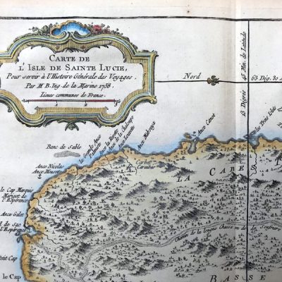 Mapa antiguo siglo XVIII Isla de Sant Lucie (Lucia) Caribe América 1758 Bellin
