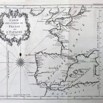 Mapa antiguo siglo XVIII Carte Costes France Espagne Francia España Portugal 1756 Bellin
