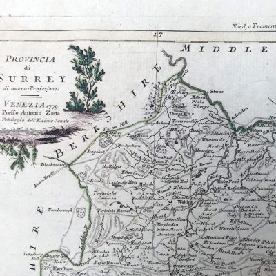 Mapa antiguo siglo XVIII Surrey Inglaterra Gran Bretaña 1776 Antonio Zatta