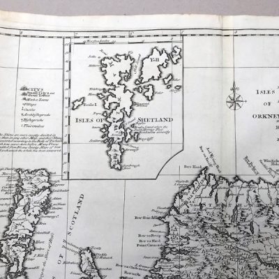 Mapa antiguo siglo XVIII norte Escocia Shetland Orkney Gran Bretaña 1722
