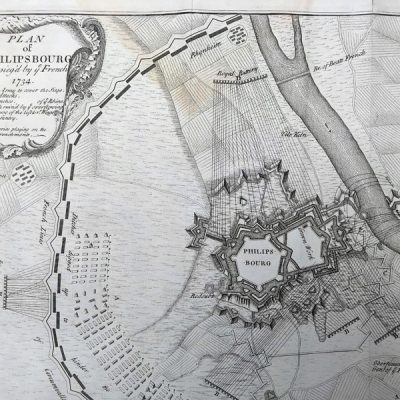 Mapa antiguo siglo XVIII asedio Philippsburg Espira Alemania 1734 Claude du Bosc