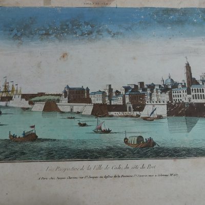 Grabado antiguo siglo XVIII puerto Cadiz Andalucia 1760 Jacques Chereau