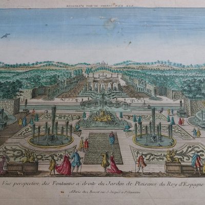 Grabado antiguo siglo XVIII jardines palacio real Madrid España 1760 Basset
