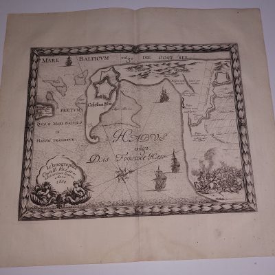 Mapa antiguo s.XVII Ichnographia Castelli Pillau et adiacentium locorum 1656 Baltisk Rusia Pufendorf