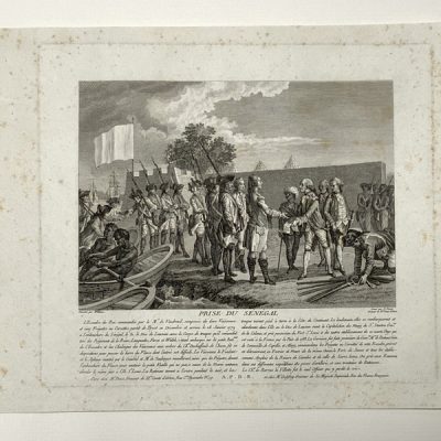 Lote 2 GRABADOS antiguos original a mano e impresión siglo XVIII Saint Louis Senegal 1785 Godefroy