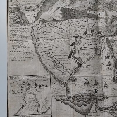 Mapa antiguo Siglo XVIII Batalla de Toulon Francia 1743 Basire Tindal Rapin