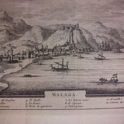 Grabado antiguo Siglo XVIII Malaga Andalucia España 1707 Pieter van der Aa