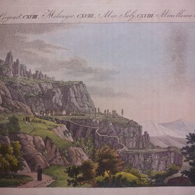 Grabado antiguo Siglo XIX Montaña de Montserrat Barcelona Cataluña Catalunya [1800] Justin Bertuch