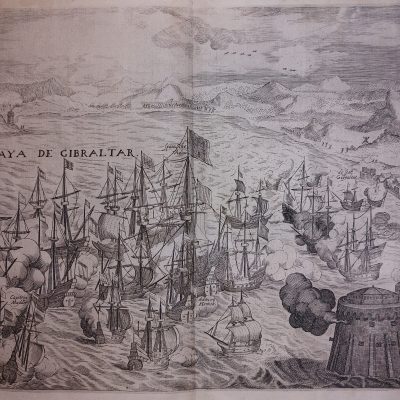 Grabado antiguo Siglo XVII Baya Bahía de Gibraltar España Andalucía Reino Unido [1615] Jan Orlers