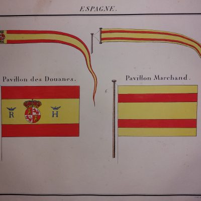 Grabado antiguo Siglo XIX Bandera España Espagne Pavillon Douanes Real Pavillon Marchand [1820] Letronne