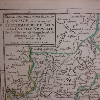 Mapa antiguo Siglo XVIII Meridionale Etats Castille Extremadura Castilla Nueva Mancha León Madrid 1749 Vaugondy