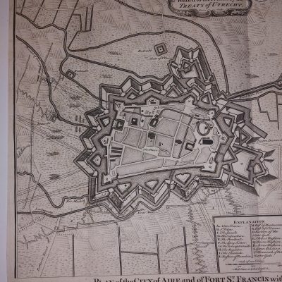 Mapa antiguo Siglo XVIII Aire sur la Lys Pas Paso de Calais Francia [1745] Basire Tindal Rapin