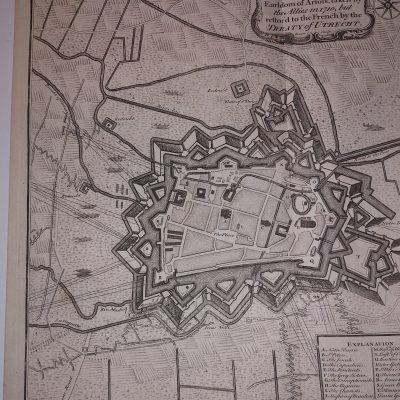 Mapa antiguo Siglo XVIII Aire sur la Lys Pas Paso de Calais Francia [1745] Basire Tindal Rapin