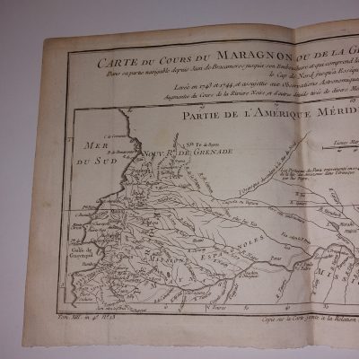 Mapa antiguo Siglo XVIII Sudamérica Río Amazonas Brasil Colombia Perú [1748] Bellin