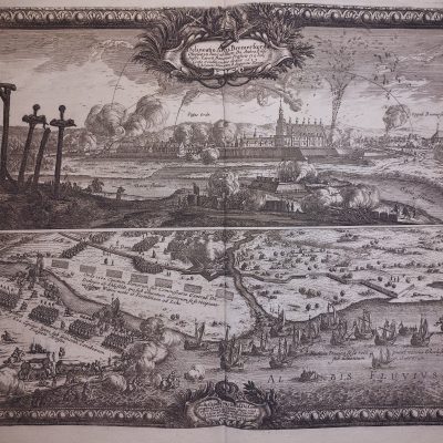 Grabado antiguo siglo XVII Alemania batalla ahorcados 1696 Pufendorf BremervÃ rde Vogelschau