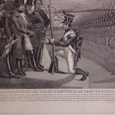 Grabado antiguo Siglo XIX Guerras Napoleónicas Napoleón Croix Honneurs Boulogne Paul Legrand Dopter