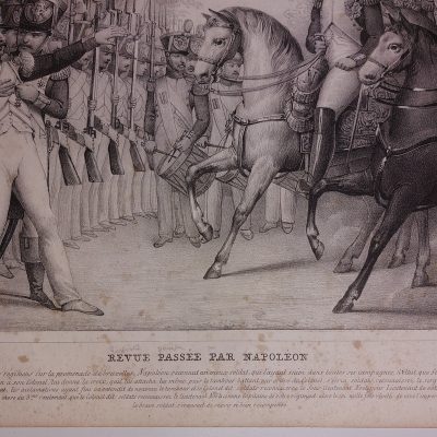 Grabado antiguo Siglo XIX Guerras Napoleónicas Revue passée par Napoleón Paul Legrand Dopter