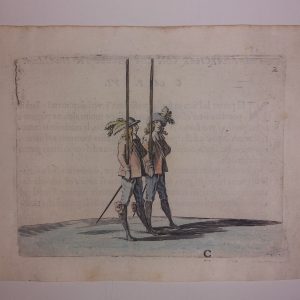 Grabado militar antiguo picadores siglo XVII marciar con picca in spalla Francesco Fernando Alfieri