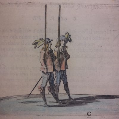 Grabado militar antiguo picadores siglo XVII marciar con picca in spalla Francesco Fernando Alfieri